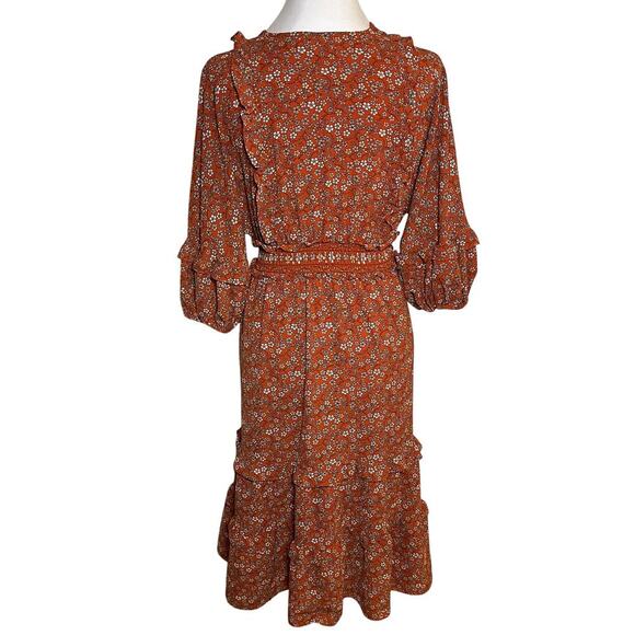 Floral Midi Dress Orange XS Tiered Ruffle Peasant Cottage Boho Cowgirl Prairie - Picture 2 of 11